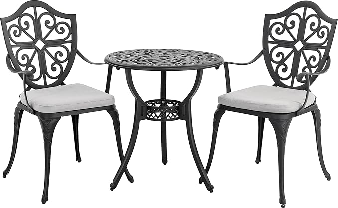 NUU GARDEN 3-Piece Outdoor Bistro Set, Cast Aluminum Patio Bistro Table and Chairs with Umbrella Hole and Grey Cushions, Bistro Set for Patio and Backyard, Black