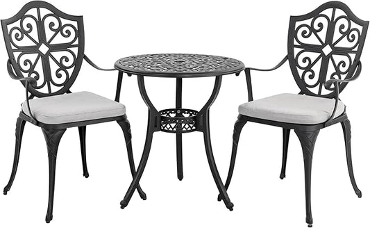 NUU GARDEN 3-Piece Outdoor Bistro Set, Cast Aluminum Patio Bistro Table and Chairs with Umbrella Hole and Grey Cushions, Bistro Set for Patio and Backyard, Black