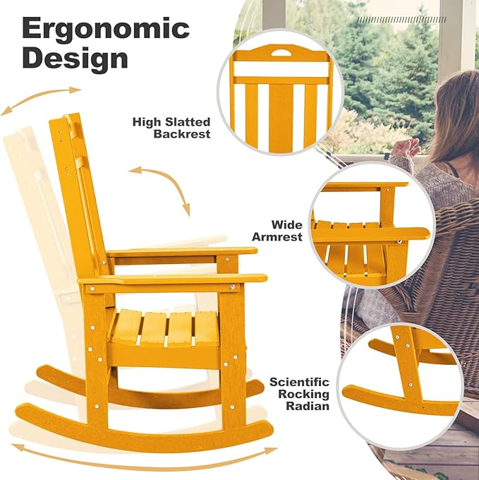 nalone Outdoor Rocking Chair, Oversized Porch Rocker Chair for Adult, All-Weather Resistant Patio Rocking Chair for Garden Lawn(Orange)