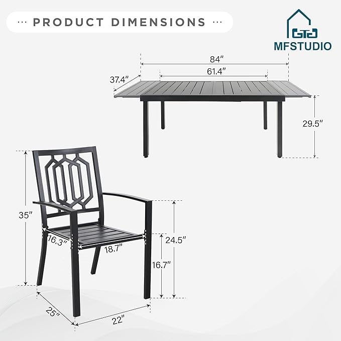 MFSTUDIO Outdoor Dining Set for 8, Metal Patio Table and Chairs Set, Patio Dining Set for 8 with Expandable Table, Outdoor Patio Furniture Set for Deck Backyard Poolside Garden