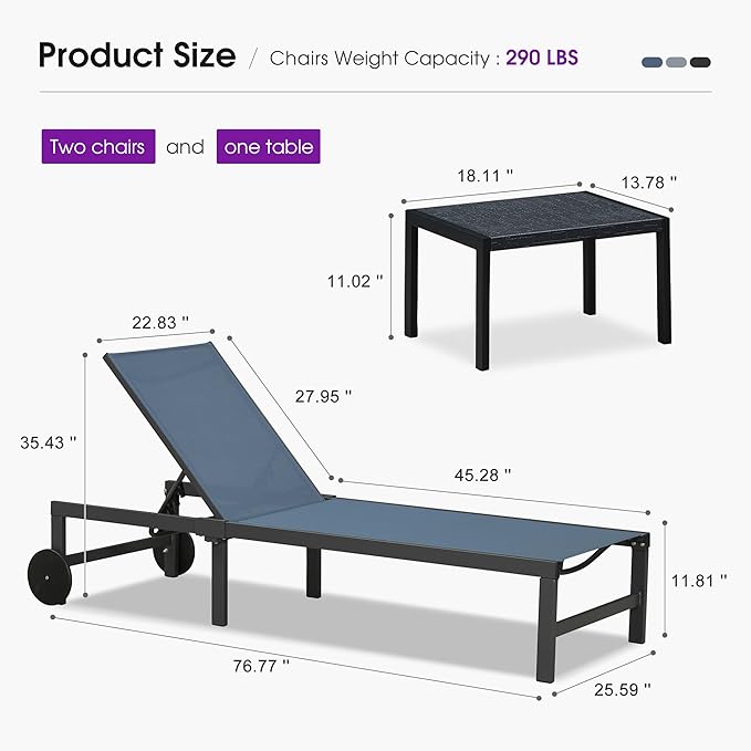 PURPLE LEAF Outdoor Chaise Lounge Chairs Set Recliner Aluminum Adjustable Chair with Wheels and Side Table for Poolside Beach Patio Sunbathing Lounger, Indigo