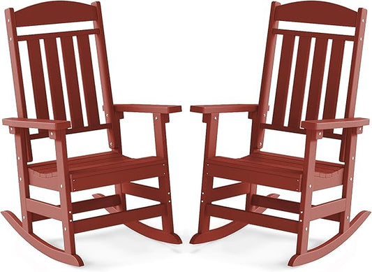 FOOWIN Outdoor Rocking Chair Set of 2, High Back Patio Rocking Chair, HDPE All Weather Resistant Porch Rocker for Adult, Oversized Rocking Chairs for Garden, Lawn, Indoor & Outdoor Use, Dark Red
