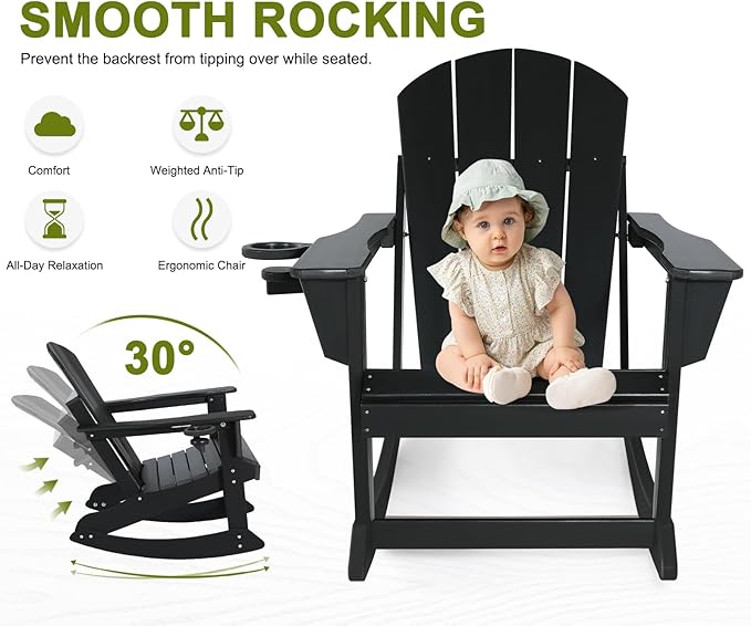 Outdoor Rocking Chair, HDPE Poly All-Weather Patio Rocking Chairs with Cup Holder for Adults, Porch Rocker for Deck Patio Balcony, 440lbs, Black