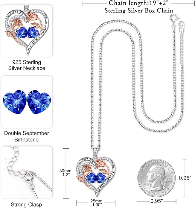 Iefil Christmas Gifts for Women Wife - 925 Sterling Silver Rose Heart Birthstone Necklace Birthday Anniversary Jewelry Gifts for Her Wife Mom Daughter