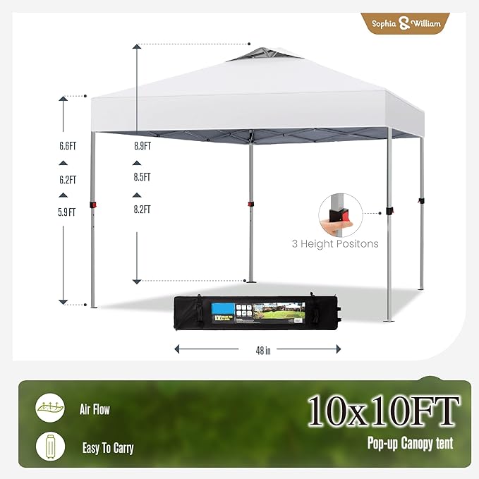 Sophia & William Canopy Tent Pop Up 10x10 ft, Outdoor Patio Portable Commercial Canopies Shelter Heavy Duty Straight Legs with Roller Bag, 8 Stakes, 4 Guy Ropes, UPF50+, White
