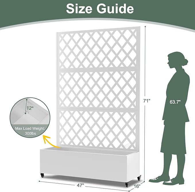 Metal Large Planter Box with Trellis for Climbing Plants Vegetables, Raised Garden Bed with Privacy Screen, 47"L×16"W×71"H Garden Boxes with Wheels & Drainage Hole (White Diamond Lattice)