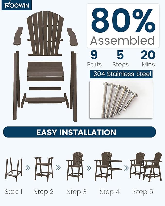 FOOWIN Tall Adirondack Chair Set of 4, All Weather HDPE Bar Height Adirondack Chair with Double Connecting Trays, Adirondack Barstools for Balcony, Deck, Backyard, Patio, Garden Walnut