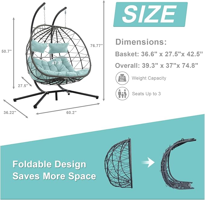 Double Egg Swing Chair with Stand, 2 Person Outdoor Indoor Hammock Hanging Chair with Cushion,Patio Wicker Hanging Egg Chair w/Cushion 700LBS Capacity for Bedroom, Balcony, Garden