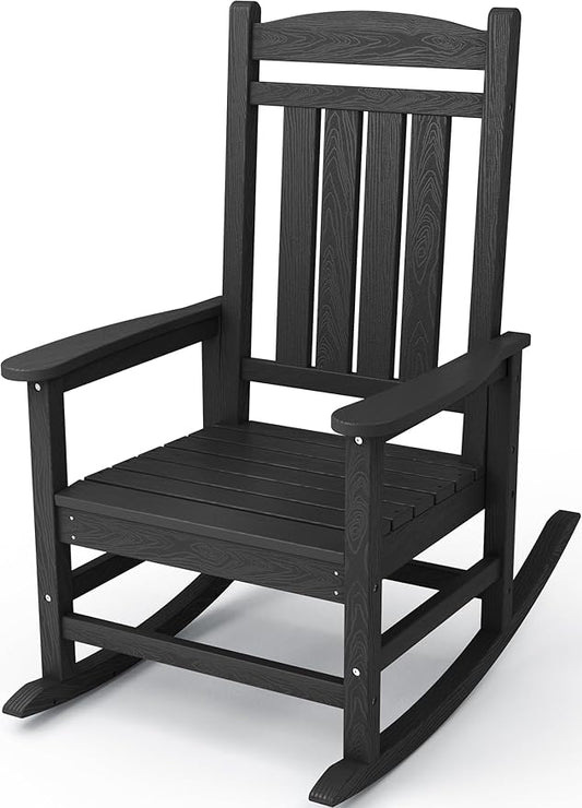 KINGYES Outdoor Rocking Chairs, HDPE All-Weather Patio Rocking Chairs High Back Porch Rocker for Adult, Black