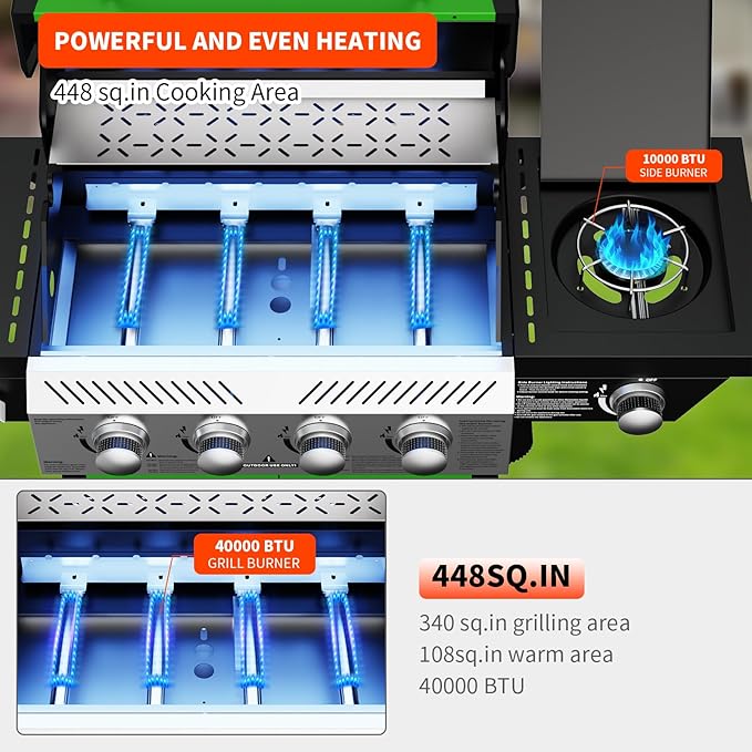 4-Burner Propane Gas BBQ Grill with Side Burner, Stainless Steel Grates, 50,000 BTU Barbeque Gas Grill for Outdoor Cooking Kitchen and Patio Backyard, with Wheels and Storage, Green
