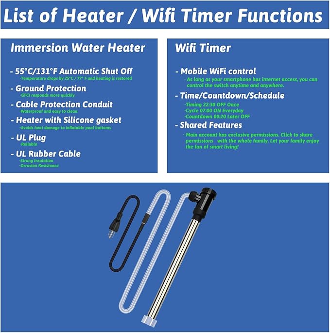 1500W Submersible Water Heater Portable Electric Pool and Hot Tub Immersion Water Heater with Temp Control, WiFi Timer for Bathtub, Spa, Swimming pool, above ground pool and Inflatable Pool