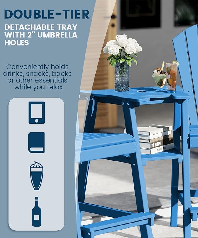 FOOWIN Tall Adirondack Chair Set of 2, All Weather HDPE Bar Height Adirondack Chair with Double Connecting Trays, Adirondack Barstools for Balcony, Deck, Backyard, Patio, Garden Pacific Blue