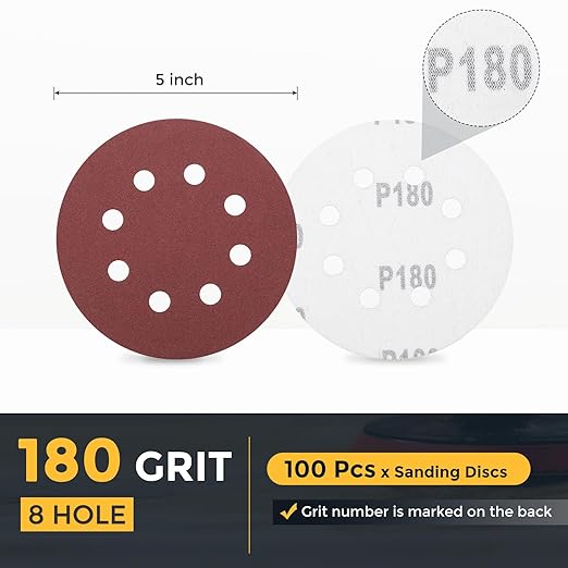 HARFINGTON 100 Pcs 5 Inch Sanding Discs, 180 Grit Hook and Loop Sandpaper, 8-Hole Aluminum Oxide Orbital Sander Sandpaper for Woodworking Automotive Metal Polishing, Red