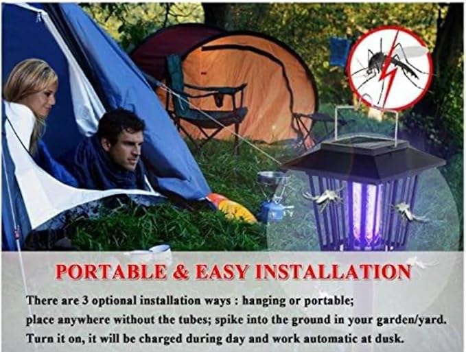 New & Improved 2 Pack Solar Powered Zapper- Enhanced Outdoor Flying Insect Killer- Hang or Stake in The Ground- Cordless Garden Lamp- Portable LED Machine- Best Stinger for Mosquitoes/Moths/Flies (1)