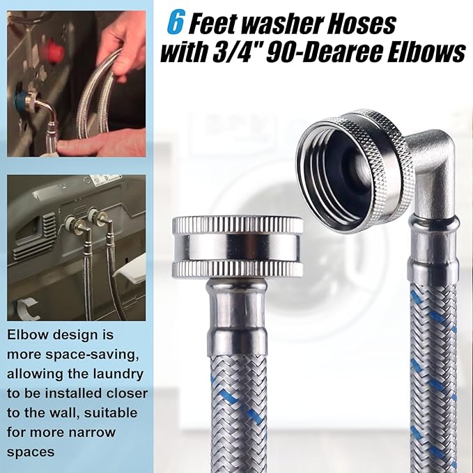 6FT Premium Stainless Steel Washer Hoses with 90 Degree Elbow No-lead Burst-Proof 3/4" NPT Connection Hot & Cold Water Inlet Supply Lines for Washer - 2 Pack by Fetechmate