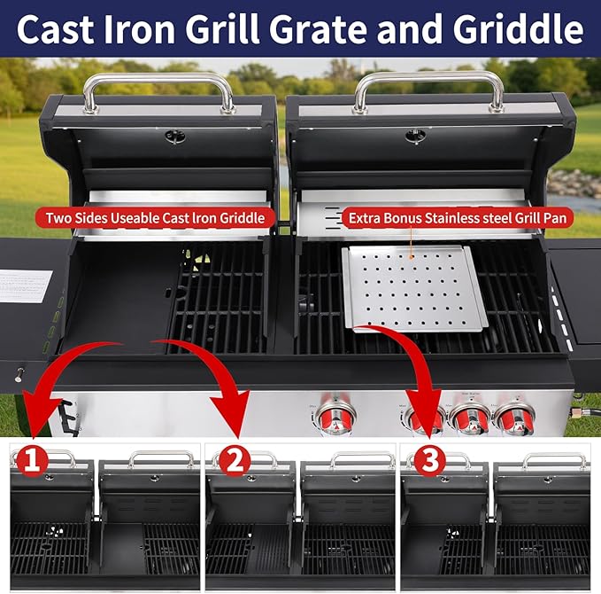 Charcoal Grill and 3-Burner Propane Gas Grill Combo with Side Burner & Porcelain-Enameled Cast Iron Grate, Dual Fuel BBQ Grill with Easy-Clean System for Outdoor Events & Backyard Barbecue