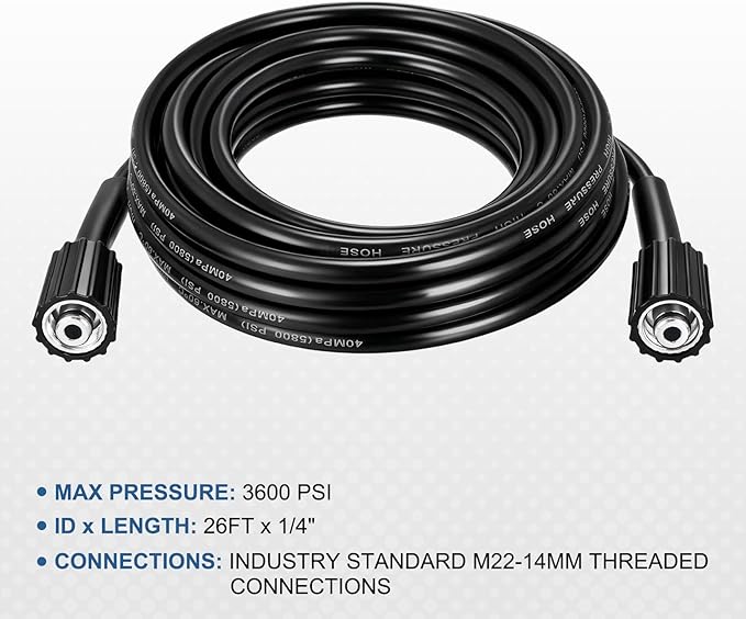 Pressure Washer Hose 26.3 Ft, 1/4" ID M22-14mm Brass Fitting, 3600 PSI Kink-Resistant Universal Electric Power Wash Hose for Replacement