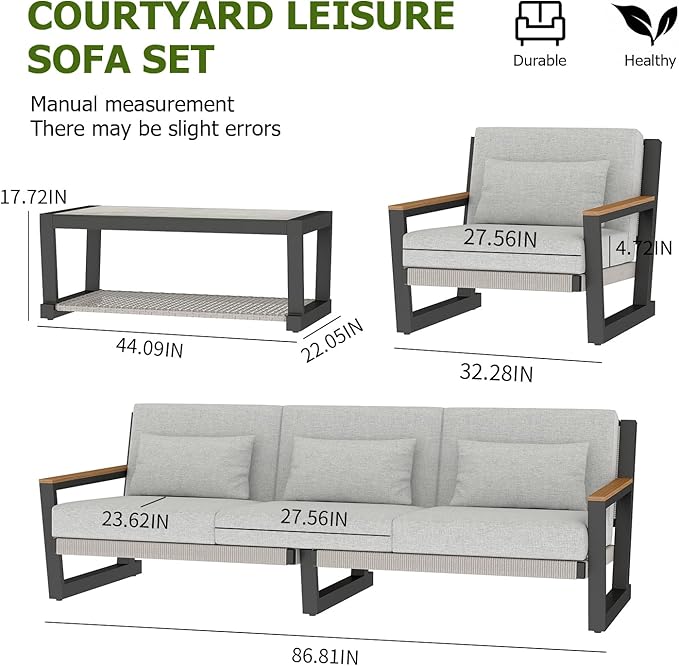Aluminum Patio Sofa Set with PE Rope Weaving, 500lbs Capacity Outdoor Conversation Set, Waterproof UV-Resistant Cushions & Powder-Coated Frame, Modern Sectional for Poolside, Garden Grey