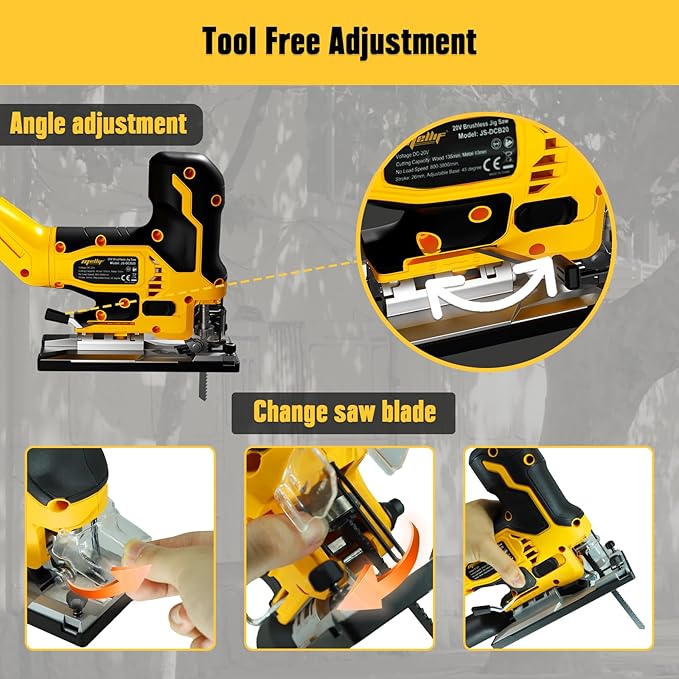 Cordless Jig Saw Compatible with Dewalt 20V MAX Battery (Tool Only), Brushless Orbital Tool w/ 3800 SPM Blade Speed, 6 Variable Speed, Bevel Angle (0°-45°), 4 Orbital Settings, LED Light