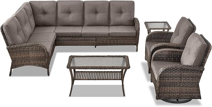 Belord Outdoor Furniture Set - 6 Pieces Patio Conversation Sectional Sofa Set with Swivel Rocker Outdoor Chairs Set of 2 and Wicker Coffee Table for Deck Backyard Sunroom Brown