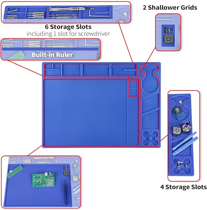 YIHUA M160 Heat-resistant Soldering Mat with Multiple Storage Slots, Built-in Ruler, Bendable Soft Silicone Soldering Mat, Dimensions 13.78 * 9.96 * 0.2 inches (350 * 253 * 5mm)
