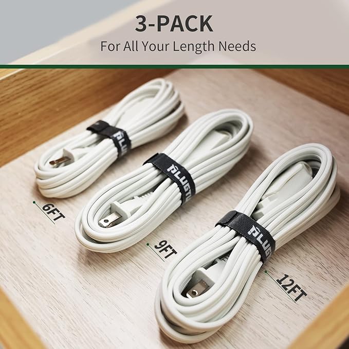 PLUGTUL 3-Pack Indoor Extension Cord (6/9/12FT), 2 Prong White Extension Cord, 3 Polarized Outlets with Safety Cap Protect for Home Office, 16/2 SPT-2 ETL Listed