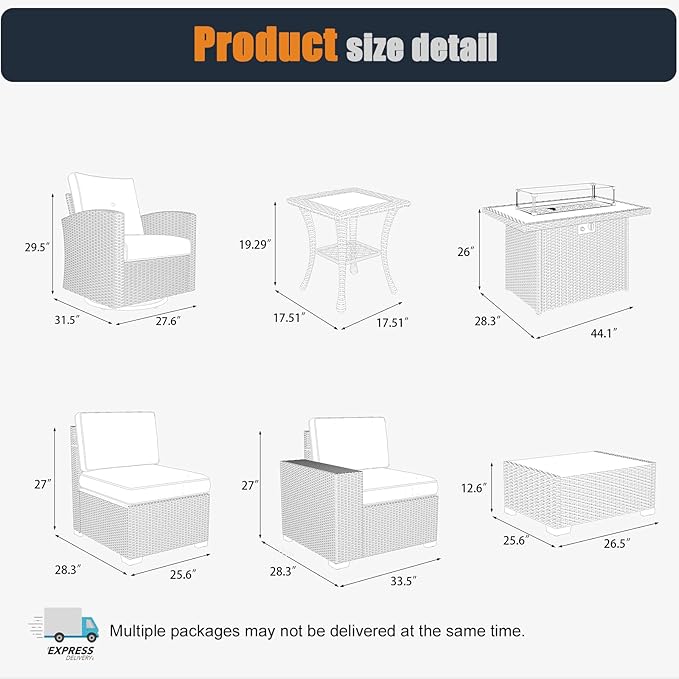 Patio Furniture Set with Fire Pit Table, 10 Pieces Outdoor All-Weather Wicker Conversation Sectional Chair Sofa Set with 2 Swivel Chairs