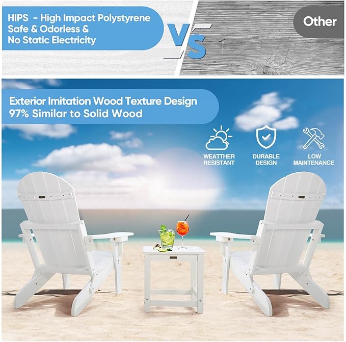 Folding Adirondack Chairs Set of 4, All Weather Resistant Plastic Chair with Cup Holder, Fold or Unfold Easily in 1 Second, Outdoor Chairs for Patio, Garden, Backyard Deck, Lawn Fire Pit(White)