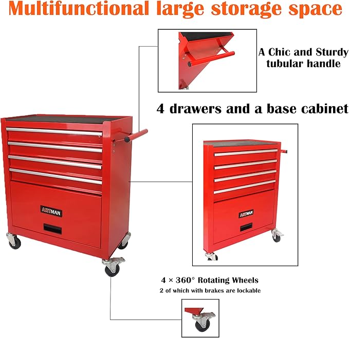 4 Drawers Tool Cart on Wheels,Rolling Tool Box Tool Storage， Drawers Rolling Organizer Tool Case for Garage, Warehouse, Workshop, Repair Shop (4 Drawers(Red))