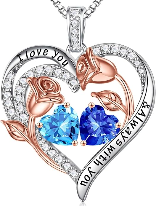Iefil Christmas Gifts for Women Wife - 925 Sterling Silver Rose Heart Birthstone Necklace Birthday Anniversary Jewelry Gifts for Her Wife Mom Daughter