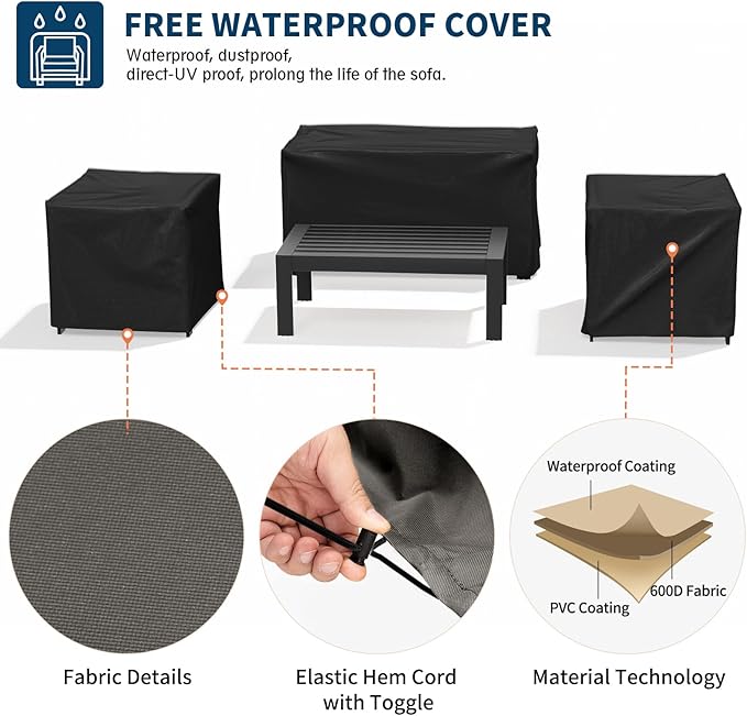 UDPATIO 4 Piece Patio Furniture Set Aluminum Outdoor Furniture Modern Patio Set, Thickness 5" Cushion Outdoor Seating Set for Balcony(Include Sofa Cover)