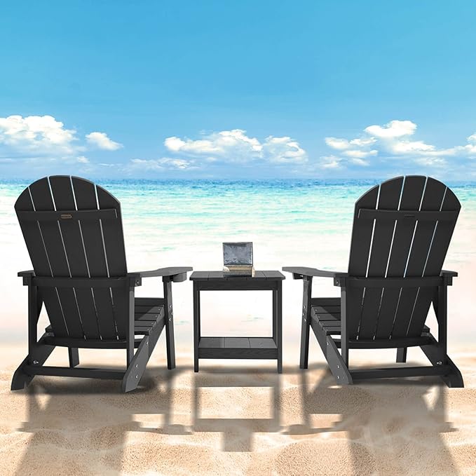 Adirondack Chairs Set of 2, All Weather Resistant Plastic Chairs with Cup Holder, 5 Easy Steps to Install, Outdoor Chairs for Patio, Garden, Backyard Deck, Lawn, Fire Pit - Black