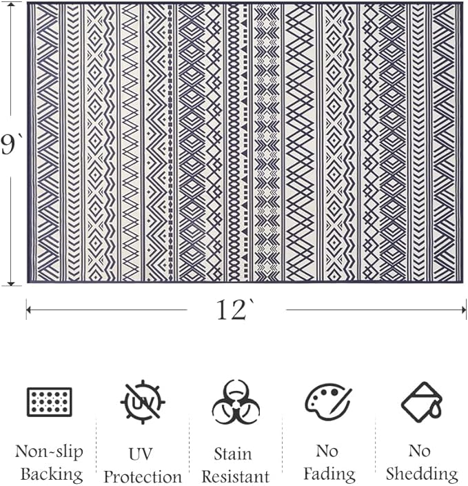 Outdoor Rug Carpet 9X12 ft, Flatweave Textured Outdoor Patio Rug Non Slip Indoor Outdoor Rugs with Rubber Particles Backing Boho Outdoor Area Rug for Patio Deck Front Porch Backyard Balcony, Navy