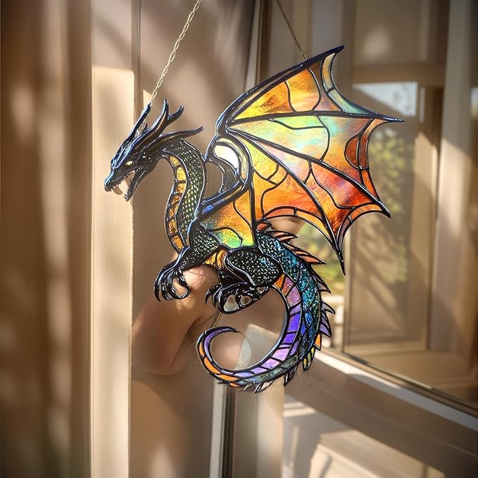 Dragon Christmas Ornament Mythical Creatures Suncatcher Window Hanging Acrylic Stained Glass Effect Art Garden Decor Unique Fantasy Gift for Mom Nerds Thanksgiving
