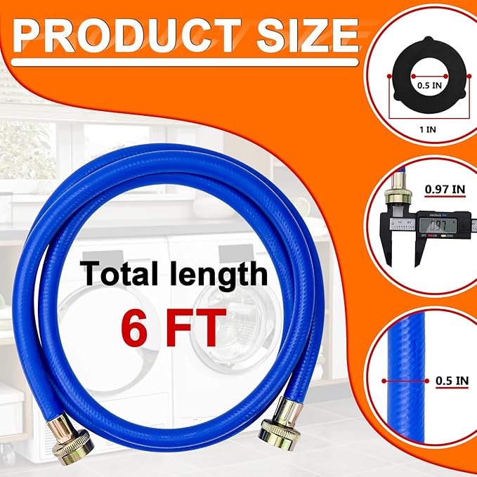 Cenipar 6FT Rubber Washing Machine Hoses Burst Proof 2 Pack For Hot and Cold Water 3/4" NPT Connection Water Supply Lines Fit for ALL Washing Machine