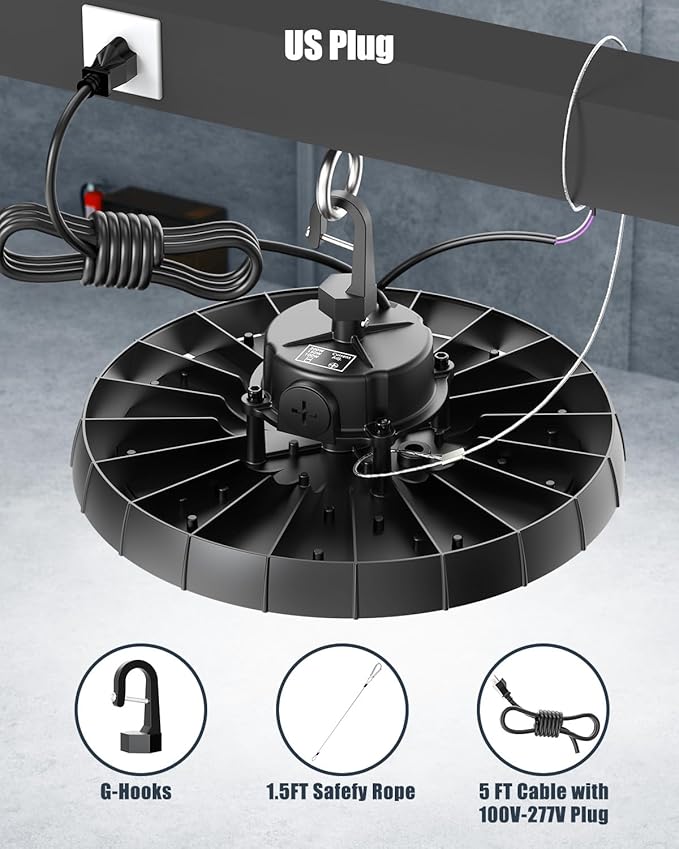 UFO High Bay LED Shop Lights for Garage Workshop,200W(Adjustable) 26000LM(130LM/W) 0-10V Dimmable 6500K Super Bright UFO Lights with US Plug, AC100V-277V IP65 Waterproof Commercial Lamp for Barn-6Pack