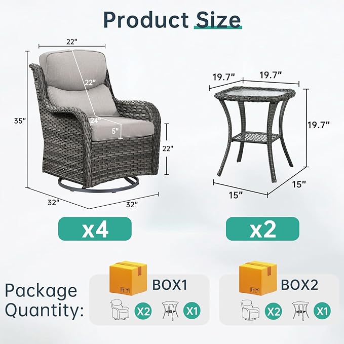 Outdoor Swivel Rocker Patio Chairs Set of 4 with Side Table - 5" Thick Cushion 6 Piece Furniture Set All Weather Comfortable Wicker Conversation Set for Porch Poolside and Deck - Gray/Beige