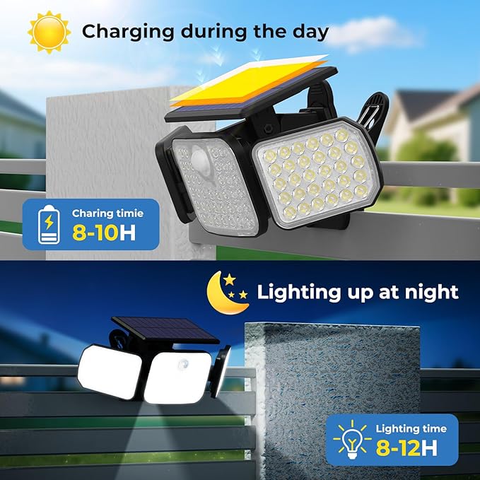 Peasur 2 Pack Solar Motion Lights Outdoor with Remote Control, Solar Security Light with 3 Modes, IP65 Waterproof Flood Lights Outside for Camping Garden Patio Garage Backyard, White