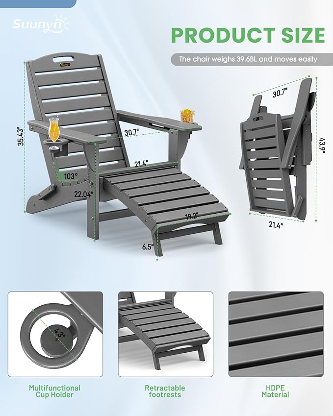 Folding Adirondack Chairs Set of 4,Adirondack Chair with Retractable Ottoman,Plastic Adirondack Chairs with 2 Cup Holder,Weather Resistant Patio Chair,Outdoor Chairs Set of 4(Grey)