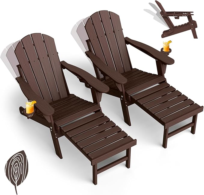 GREENVINES Adjustable Adirondack Chair with Retractable Ottoman Set of 2 | Folding | 2 Cup Holders | Wood Grain HDPE Plastic | Fire Pit Chairs w/Foot Rest | Dark Brown | for Outdoor Patio Poolside