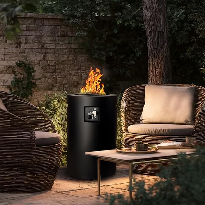 Propane Fire Pit Outside, 17 inch Gas Fire Pit Round, 50,000 BTU Fire Column for Outside Patio, Garden, Backyard, Black