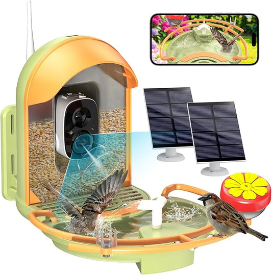Bird Feeder with Camera, Smart Birdfeeder with Cam Solar Powered, 2K HD Video, AI Identification, Instant Arrival Alerts, IP66 Bird Bath & Feeder,Gift for BirdLover (with Pump, Green)