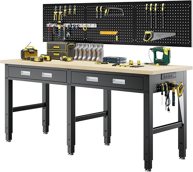 72" Heavy Duty Workbench with Power Outlets, Pegboard & Storage Drawers, 2000 LBS Capacity Rolling Work Table with Wheels, Hooks & Rack for Garage, Workshop, Office, Home