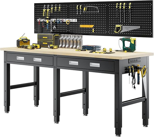 72" Heavy Duty Workbench with Power Outlets, Pegboard & Storage Drawers, 2000 LBS Capacity Rolling Work Table with Wheels, Hooks & Rack for Garage, Workshop, Office, Home