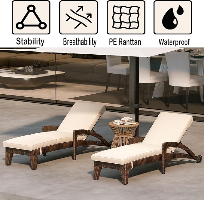 Patio Chaise Lounge Set of 4, Wicker Lounge Chairs Outdoor with Wheels, Heavy Duty Lounger Chair Outdoor, Wicker Chaise Lounges with Armrests All Weather, Khaki