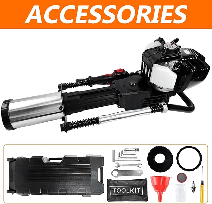 Gas Powered 4 Stroke T Post Driver Hammer Drills, 37.7CC Gasoline Engine Pile Driver, Gasoline Petrol Garden Fencing Tool Machine with 3 Post Driving Head, 49mm, 69mm, 100mm
