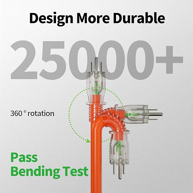 POWGRN 25 ft 12/3 Outdoor Extension Cord Waterproof Heavy Duty with Lighted Indicator End 12 Gauge 3 Prong, Flexible Cold-Resistant Long Power Cord Outside, 15Amp 1875W SJTW Orange ETL Listed