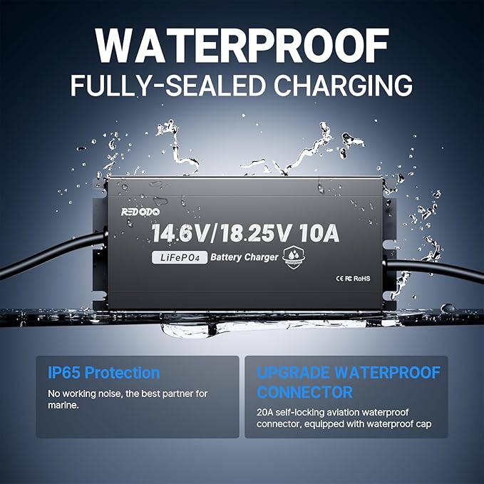 Redodo 14.6V/18.25V 10A Lithuim Battery Charger for Lithium Iron Phosphate Battery,Support Fast Charging,with IP65 Waterproof Design,LED Indicators,Designed for Deep Cycle LiFePO4 Battery Charging