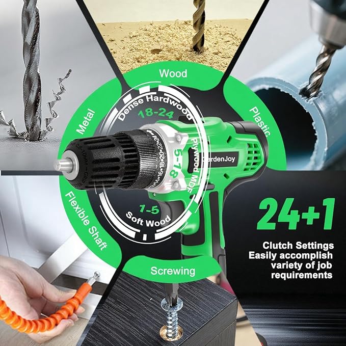 21V Power Drill Cordless Tool Kit Set, Electric Screwdriver Cordless Drill with 2 Battery and Charger for Men Home, 3/8-Inch Keyless Chuck, Variable Speed, 24+1 Torque Setting with LED(green)