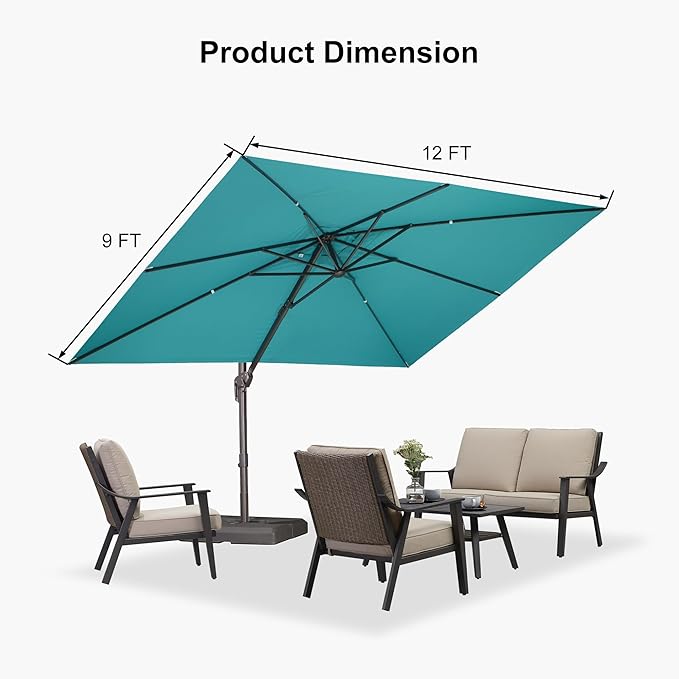 PURPLE LEAF 9' X 9' Patio Umbrella With Base Square Cantilever Umbrella Outdoor with 360° Rotation and Aluminum Offset Hanging for Pool Deck Garden Backyard, Turquoise